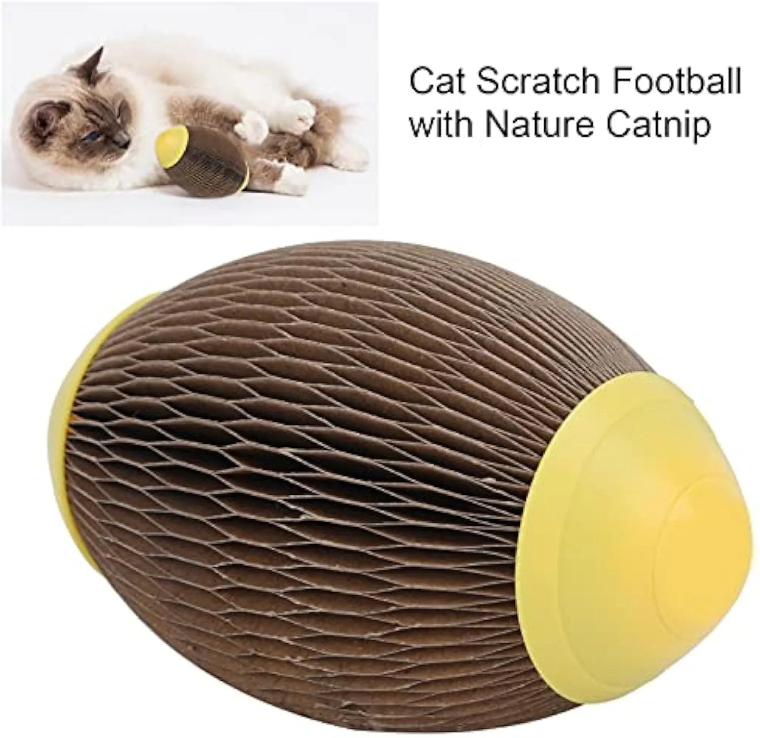 Elliptical corrugated paper catnip football toy measuring 65x108mm