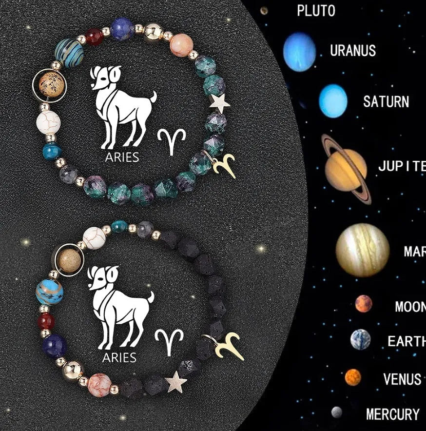 Two natural stone beaded bracelets with zodiac sign charms on a wooden surface.