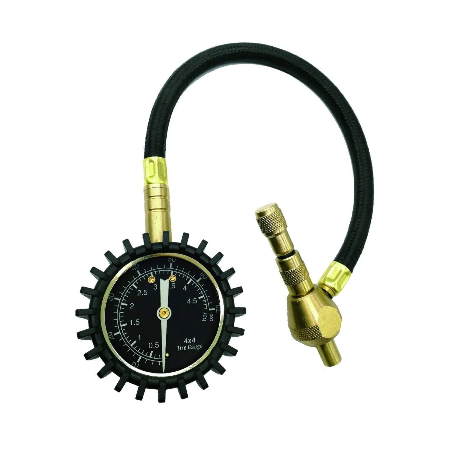 Mechanical tyre pressure gauge for SUV and off-road vehicles with metal body and rubber shell.