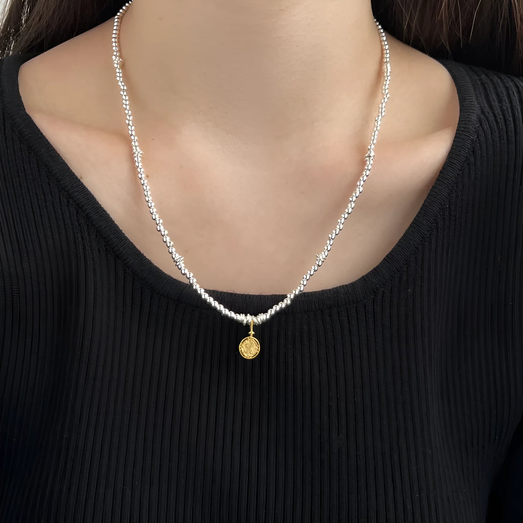 925 sterling silver flower pendant necklace with adjustable ball bead chain for women on white background