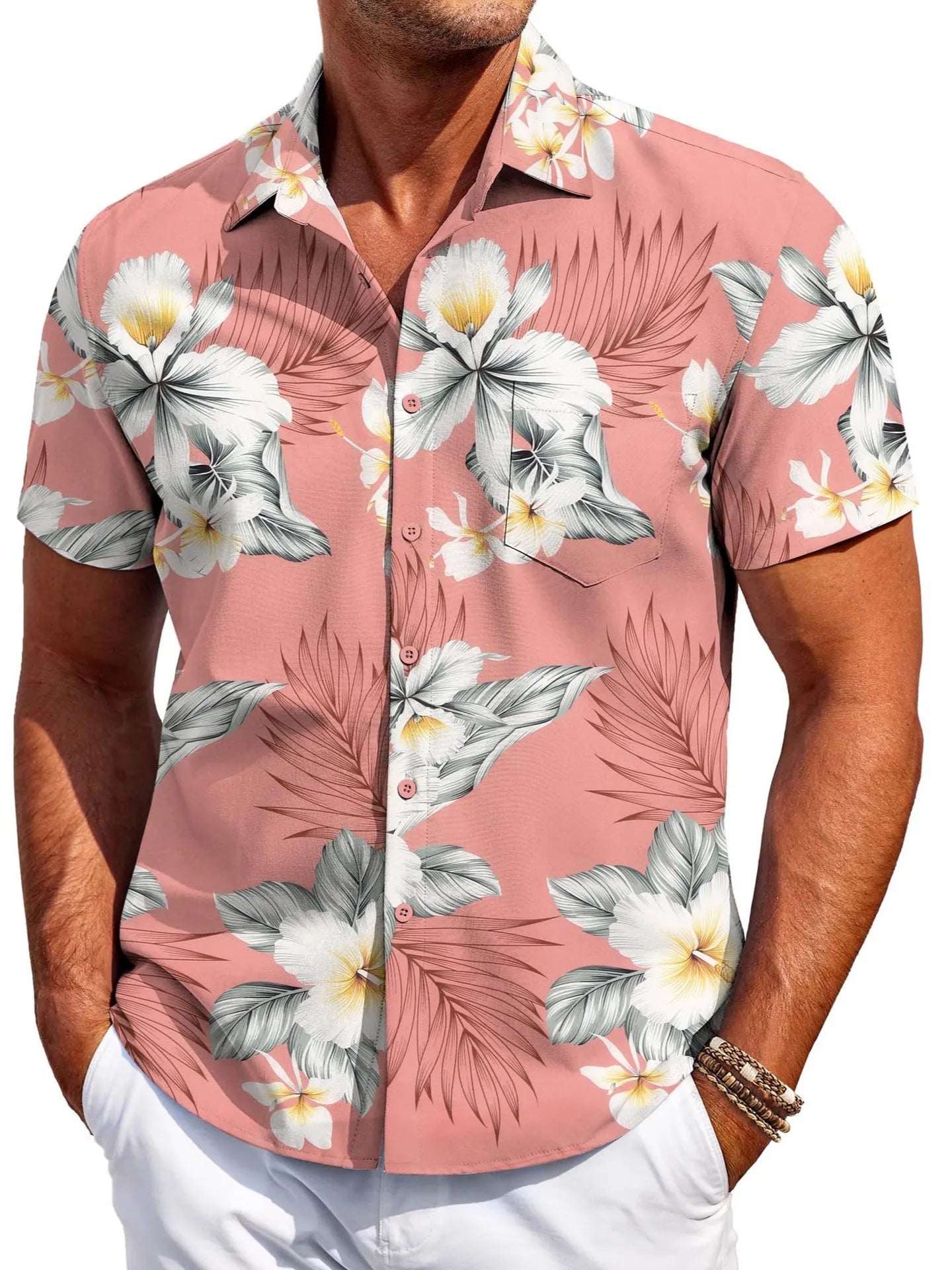 Men's slim fit Hawaiian short sleeve shirt in elastic polyester fabric.