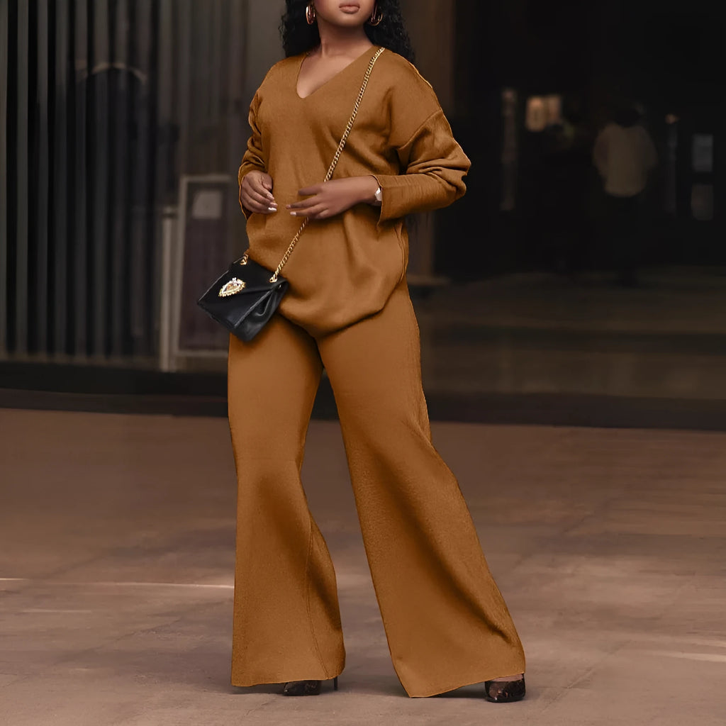 Women's brown thickened suede two-piece suit with split sleeve jacket and trousers in Japanese-Korean style.