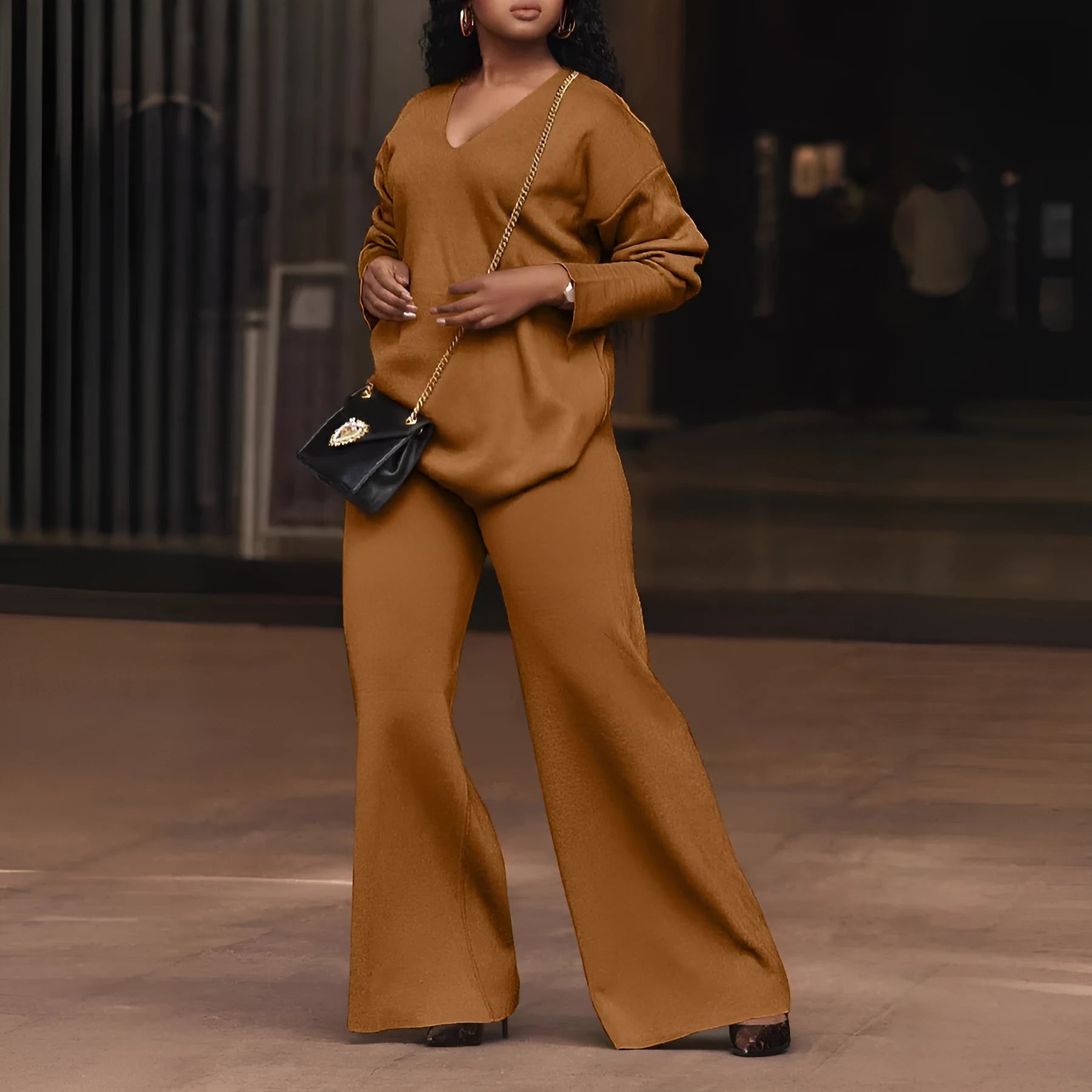 Women's brown thickened suede two-piece suit with split sleeve jacket and trousers in Japanese-Korean style.