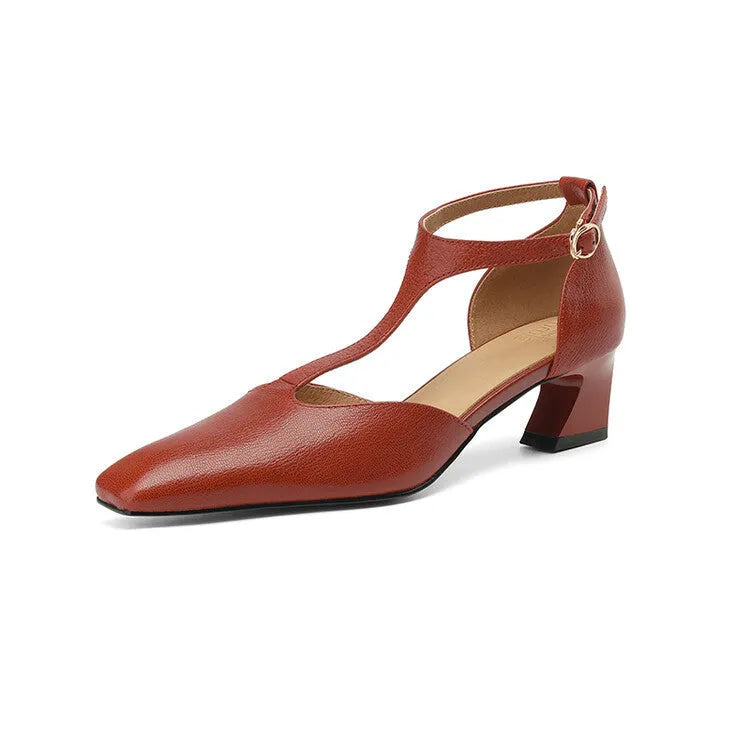 Wine red women's chunky heel shoes with square toe and buckle, made from sheepskin leather.