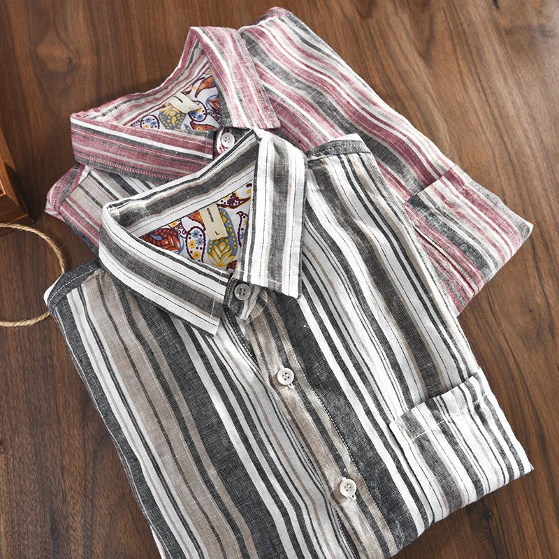 Men's striped linen shirt in red or grey with long sleeves and loose fit casual design