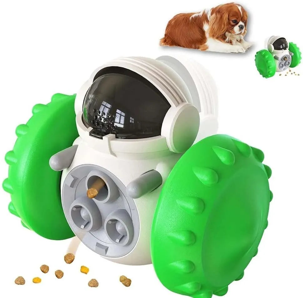 Self-balancing roller dog treat puzzle toy for small dogs and cats in assorted colours.