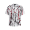 Padded shoulder short sleeve T-shirt with three-dimensional line patchwork design in picture colour.