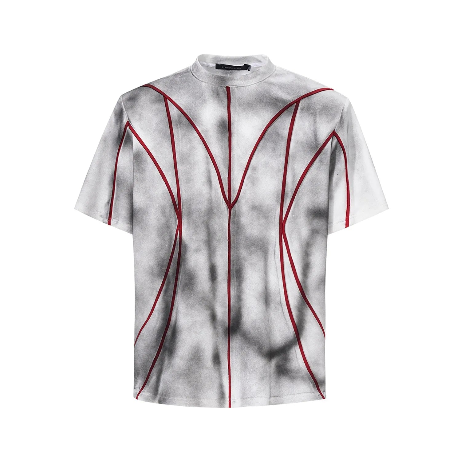 Padded shoulder short sleeve T-shirt with three-dimensional line patchwork design in picture colour.