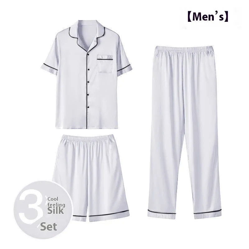 Men's thin ice silk three-piece home wear loungewear set in multiple colours, sizes up to 5XL.