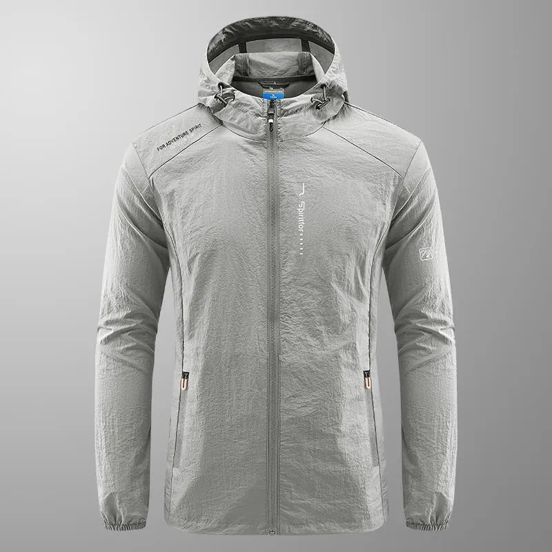 Men's thin summer hooded jacket in nylon fabric showing loose fit and available colour options