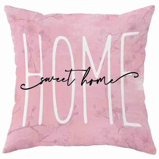 Square short velvet cushion cover with cherry blossom and letter print, 45cm, shown in one of four available colours.