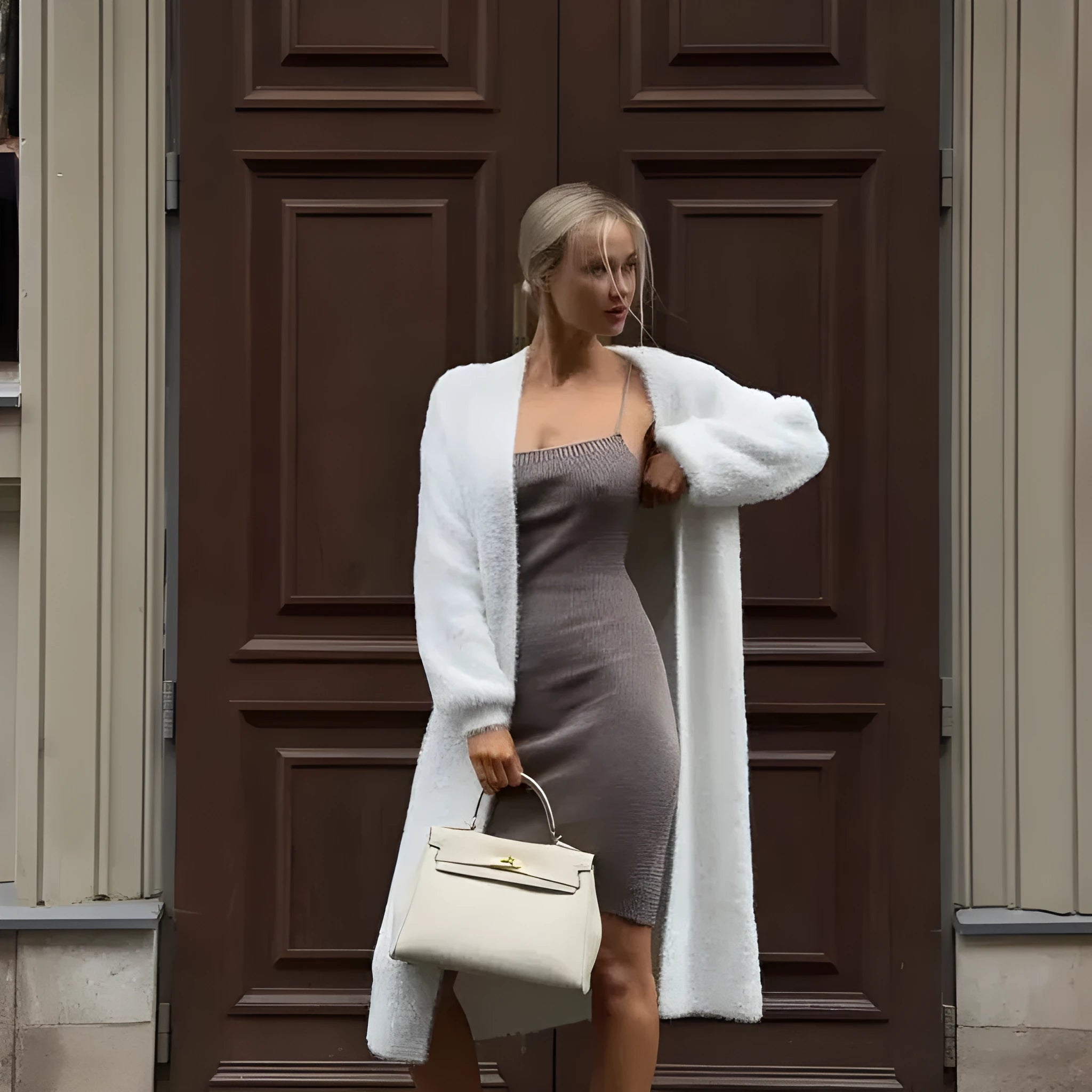 White longline knitted cardigan for women with a loose fit and long sleeves.
