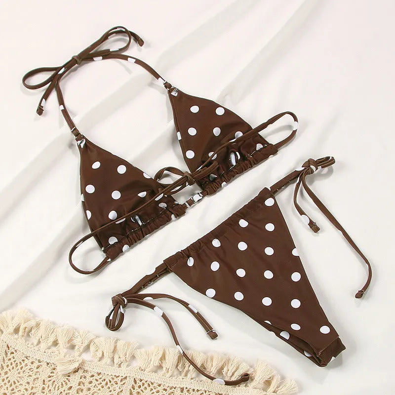 Women's polka dot print halter neck split swimsuit bikini in watermelon gradient colour