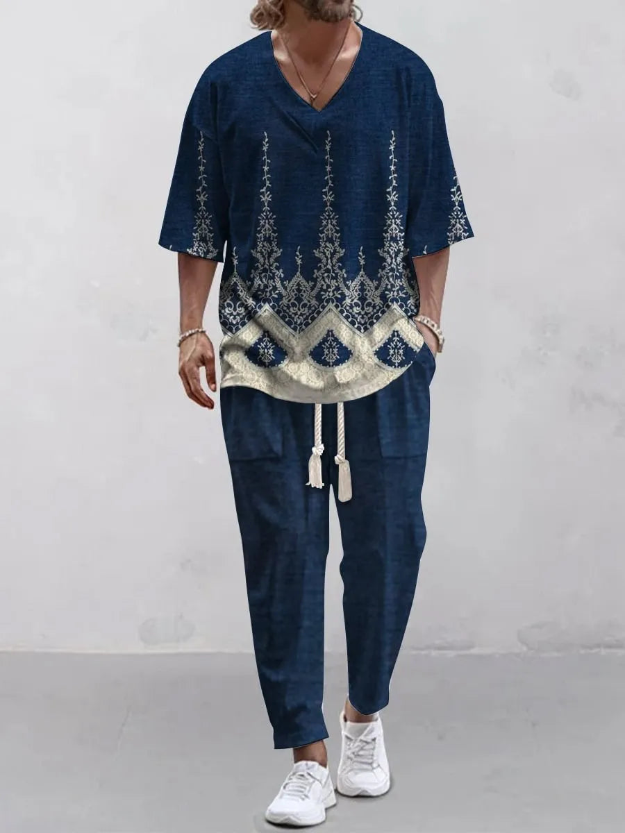 Man's thin polyester tracksuit set with V-neck cropped sleeve jacket and matching trousers