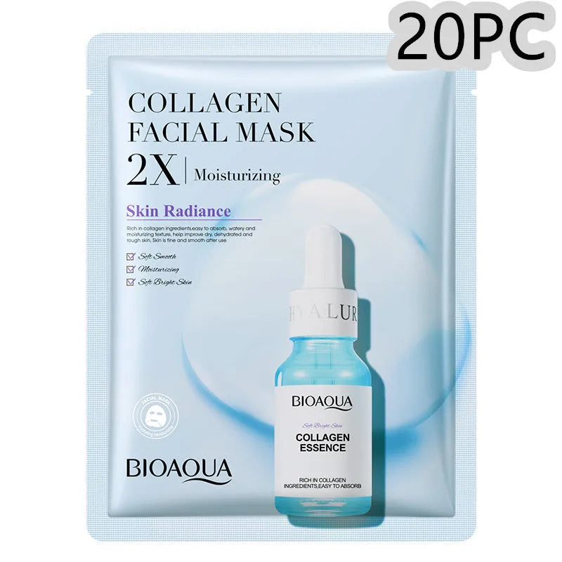 Single sheet of a white collagen face mask and a multi-pack box of 30g facial sheet masks.