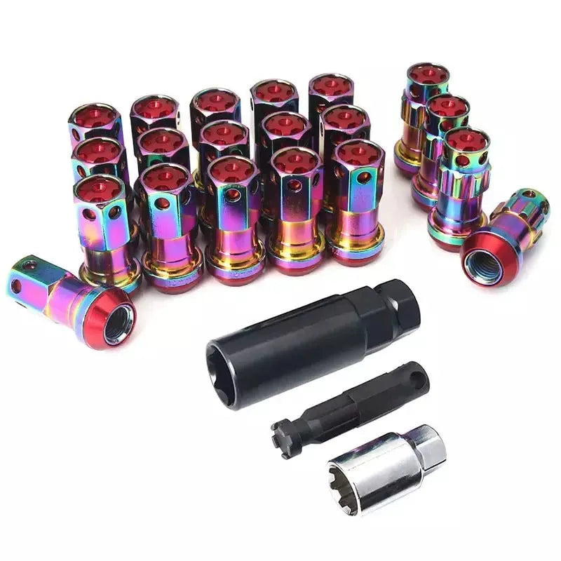 Set of aluminium alloy universal wheel hub nuts in various two-tone colours including black gold and red.