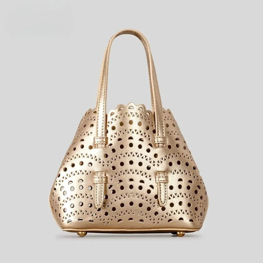 Hollow carved PU messenger bag with three shoulder straps in horizontal square shape