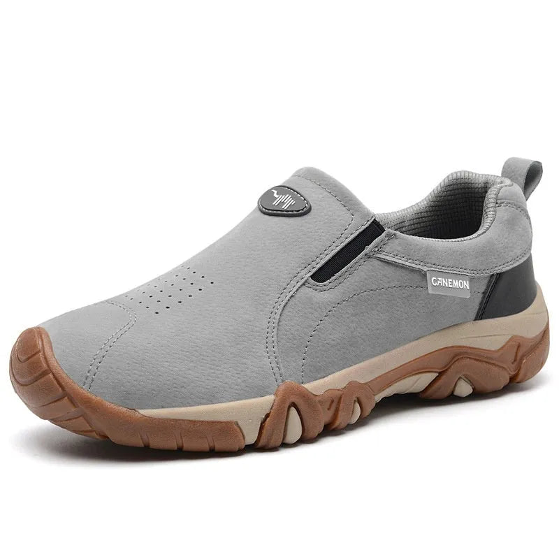 Men's suede outdoor sports casual shoes, low-top, round toe, rubber sole, breathable mesh lining, available in black, gray, dark blue, khaki