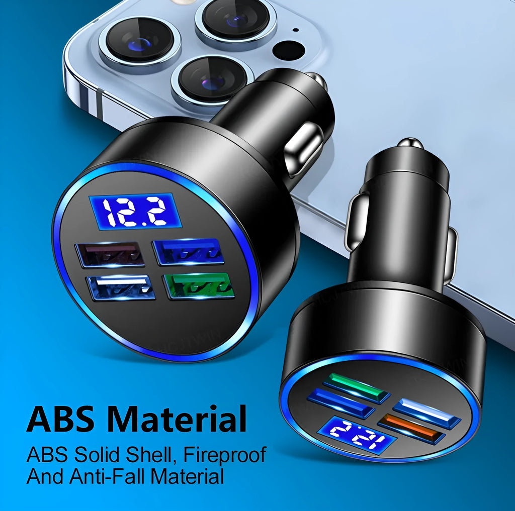 Black multi-port car charger with four USB ports and one cigarette lighter socket.