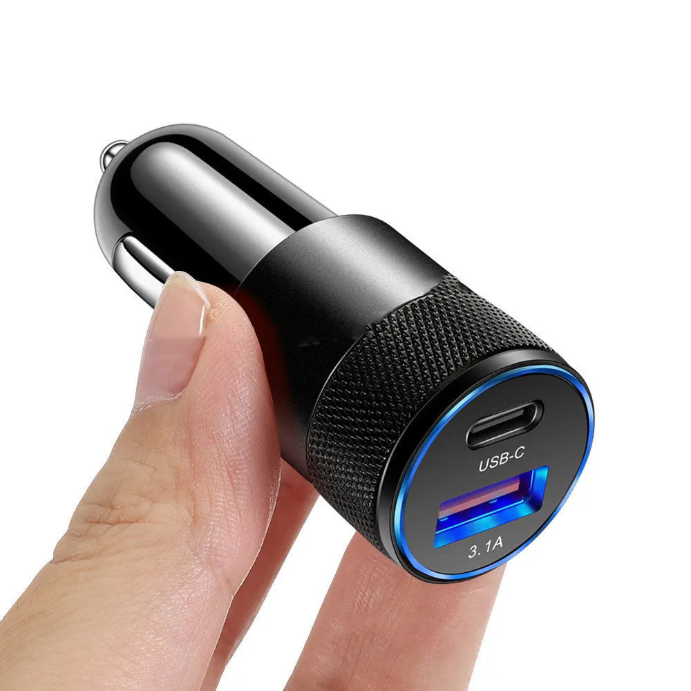 Aluminium alloy mobile phone car charger showing compact 2.5cm by 6cm dimensions