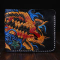 Men's carved leather short wallet showing open design and compact 10x12cm dimensions