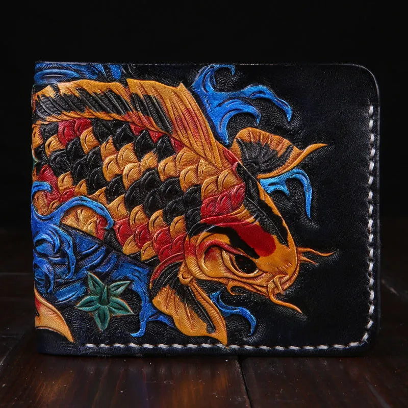 Men's carved leather short wallet showing open design and compact 10x12cm dimensions