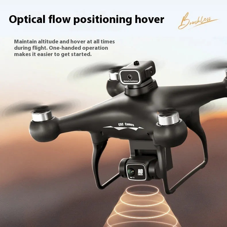 S116 black and white HD brushless UAV drone with four propellers and camera, shown with remote control.