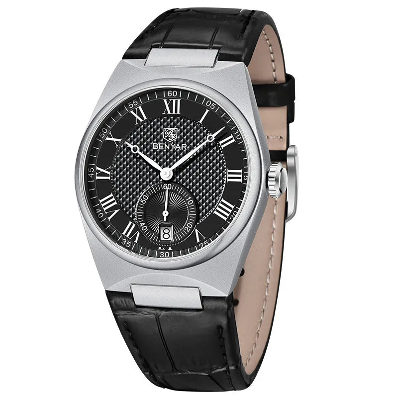 Men's quartz watch with calendar, waterproof, 12mm thickness, black shell black surface on wrist