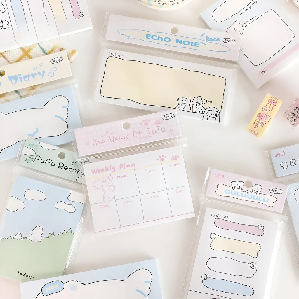 Pack of cartoon hand design sticky notes showing six different style options and three size formats.