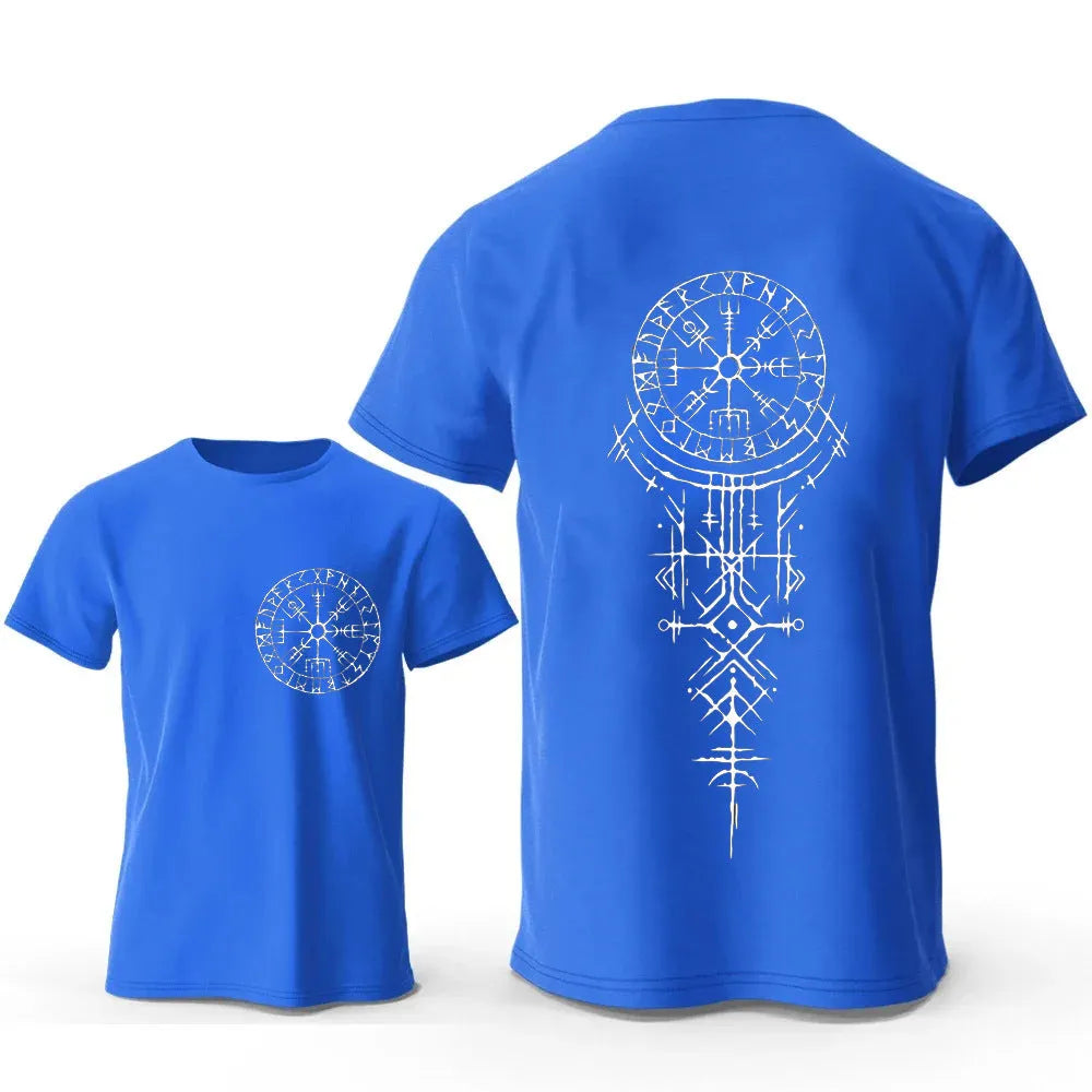 A man's grey cotton T-shirt with a printed Viking Rune Compass design on the chest.