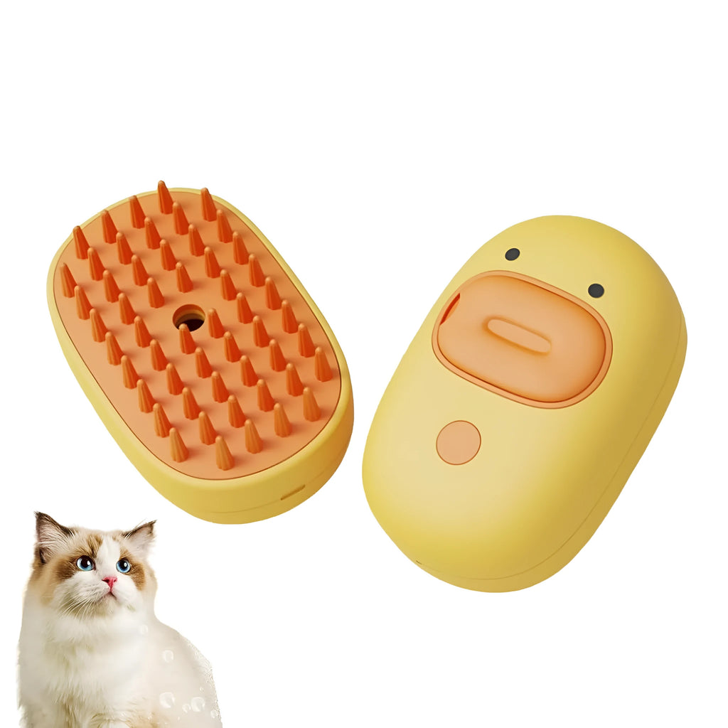 White rechargeable pet steam brush with silicone comb teeth for grooming dogs and cats.