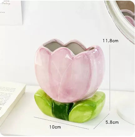 Ceramic flower pen holder storage box with floral patterns in blue, pink and purple colour variations