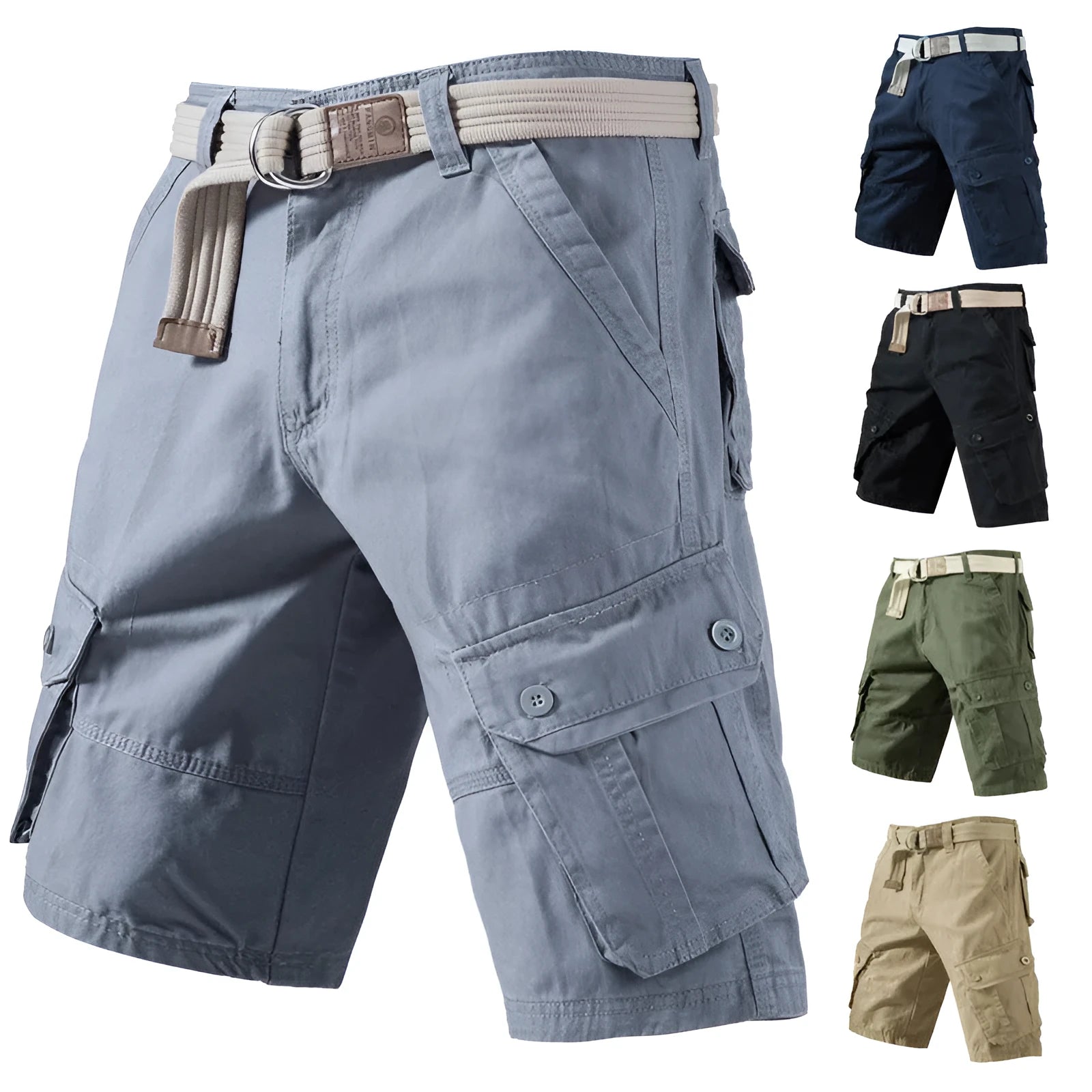 Summer cargo shorts with pockets in solid colour, loose fit cotton fabric, fifth-length style