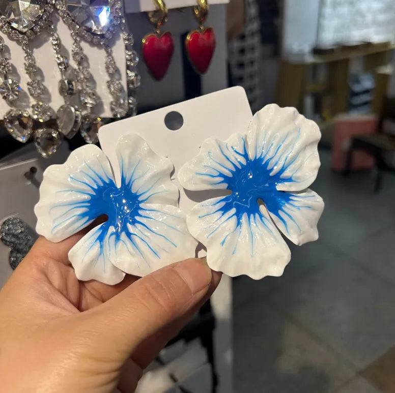 Pastoral style alloy flower stud earrings with oil-spot glaze finish in blue, green, purple and rose colour variations