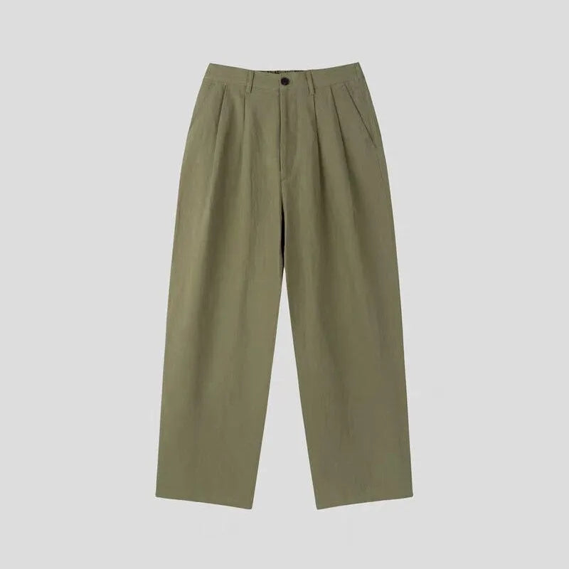Men's Korean-style loose fit cotton linen trousers in apricot, army green and purplish blue colours