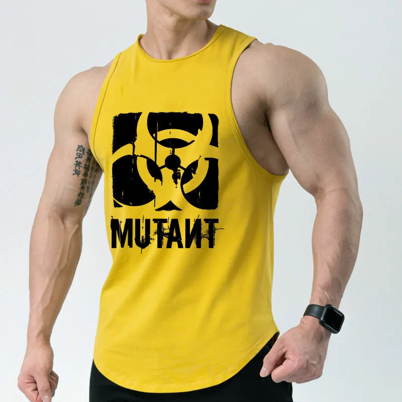 Loose grey polyester fitness vest sleeveless shirt on a hanger, showing its waistcoat design.