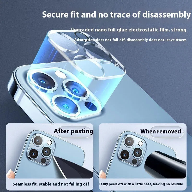 Tempered glass camera lens protector for iPhone showing integrated rear film covering camera module