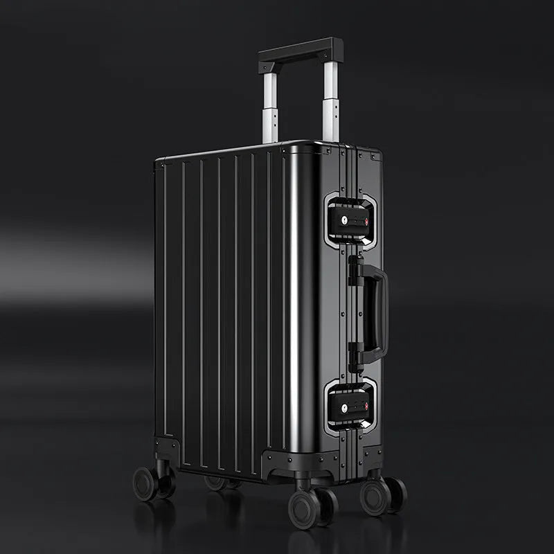 Aluminium magnesium alloy travel suitcase with striped pattern in silver colour, 24-inch size, metal hard shell construction