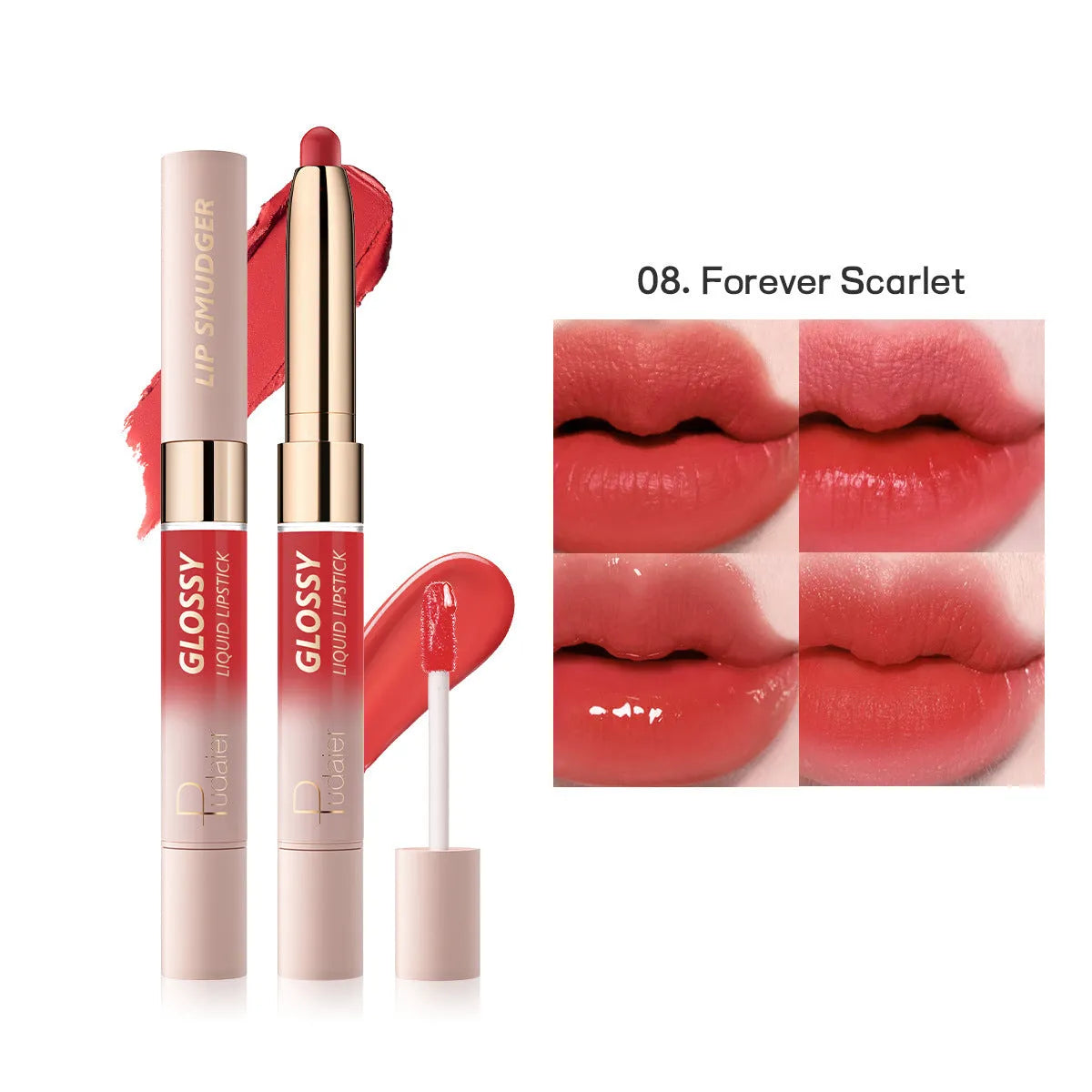 Double-headed matte lipstick and lip gloss cosmetic stick in one of ten available colours.