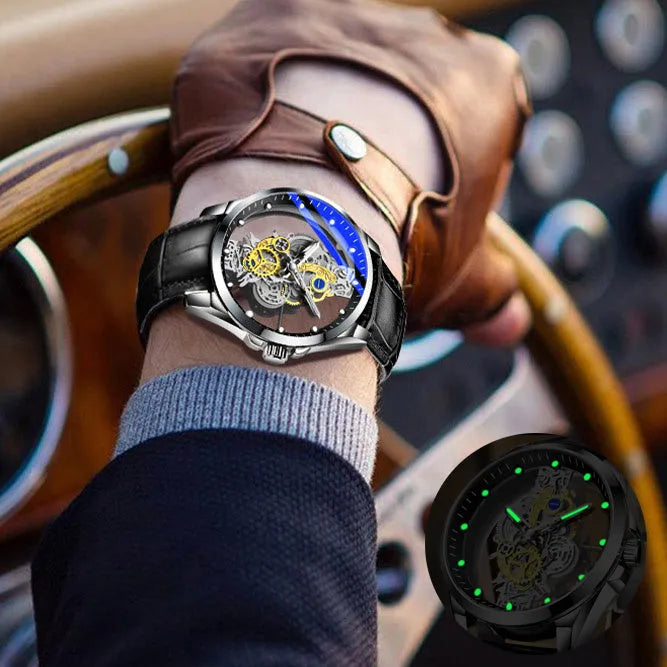 Men's skeleton quartz watch full gold steel with luminous dial and stainless steel strap