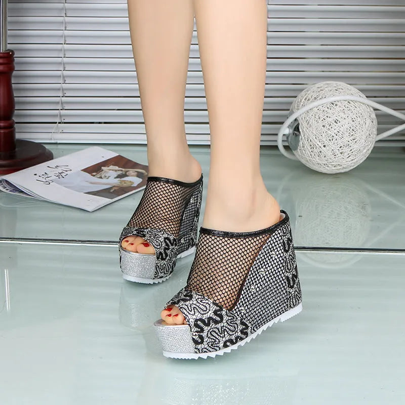 Korean platform sandals with hollowed-out heels, mesh upper, and chunky waterproof soles in black colour