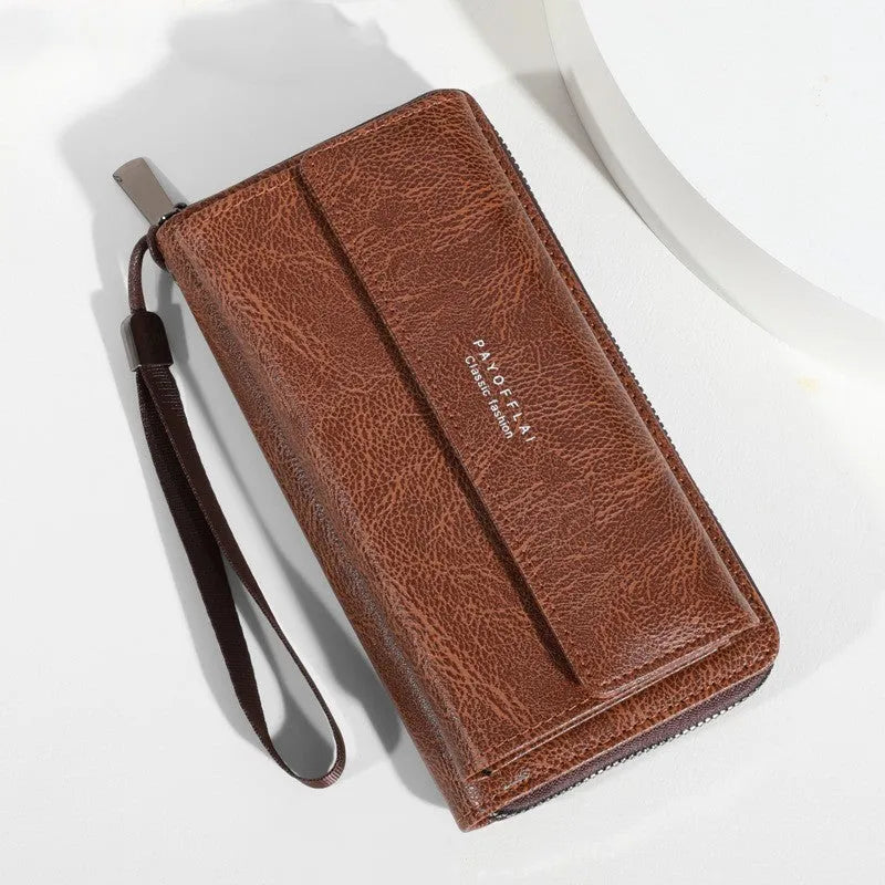 Men's black PU leather long wallet open showing multiple card slots and a zipped coin pocket.