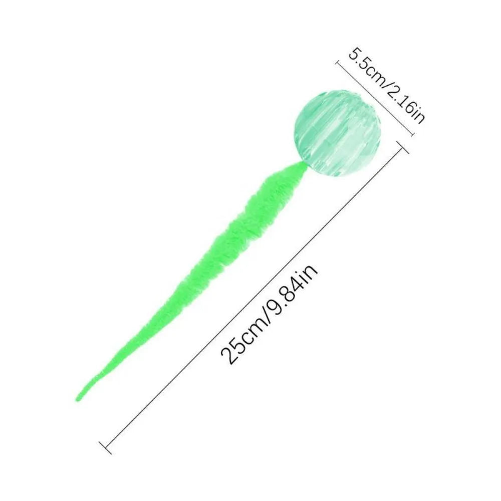 Interactive cat toy with three bouncy TPR balls connected to long plush tail in green colour