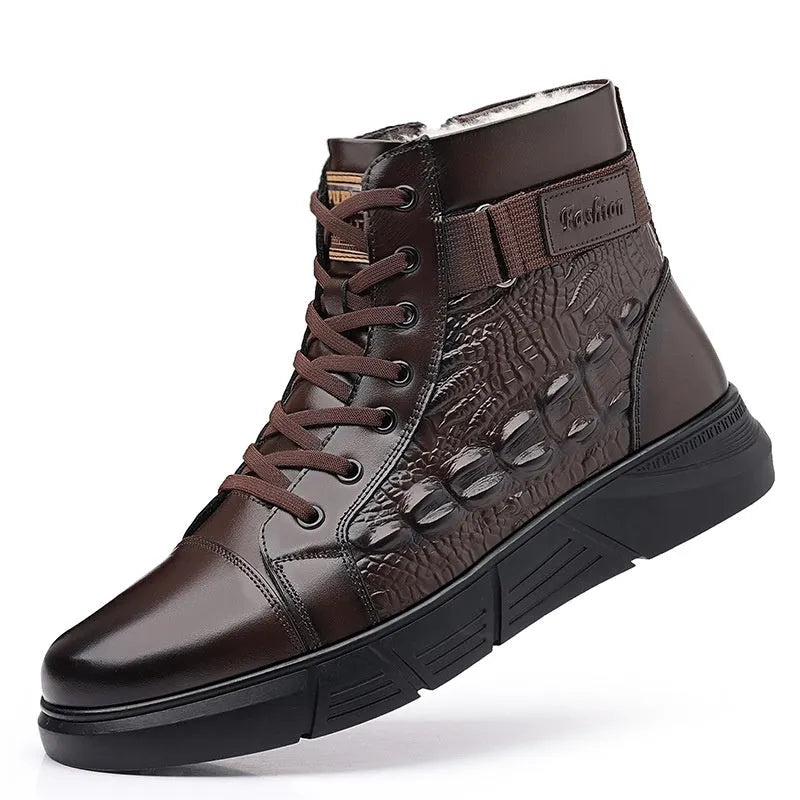 Brown genuine leather winter boots with fur trim and lace-up front, resting on a surface.