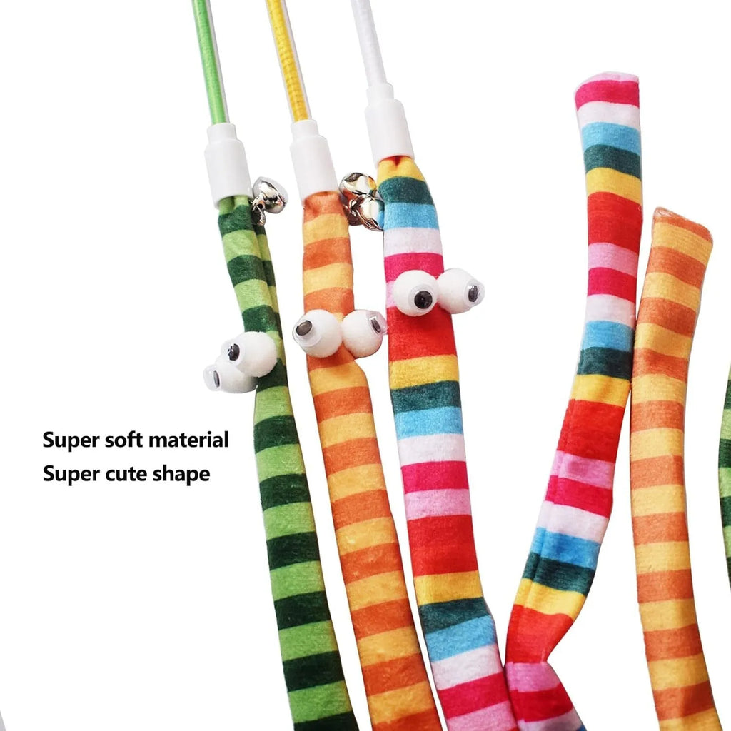 Cat wand teaser toy with polycarbonate pole and long plush strip in vivid colours