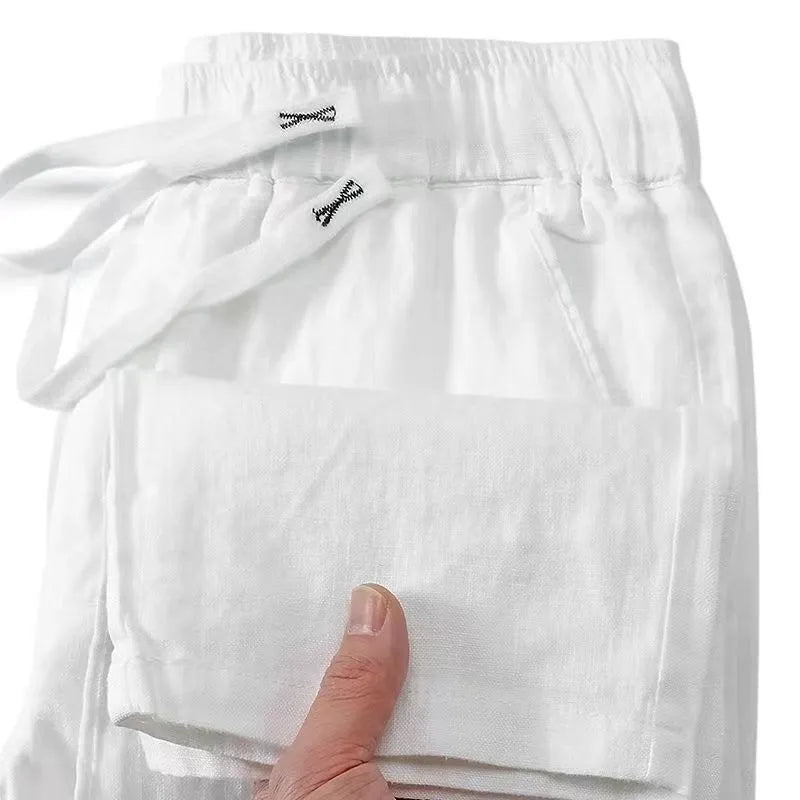 Pure linen Chinese-style straight-leg trousers with a drawstring waist in multiple colours.