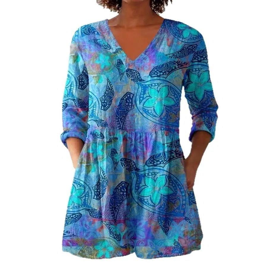 Women's retro slim fit long-sleeved polyester top with digital printing in multiple colour designs