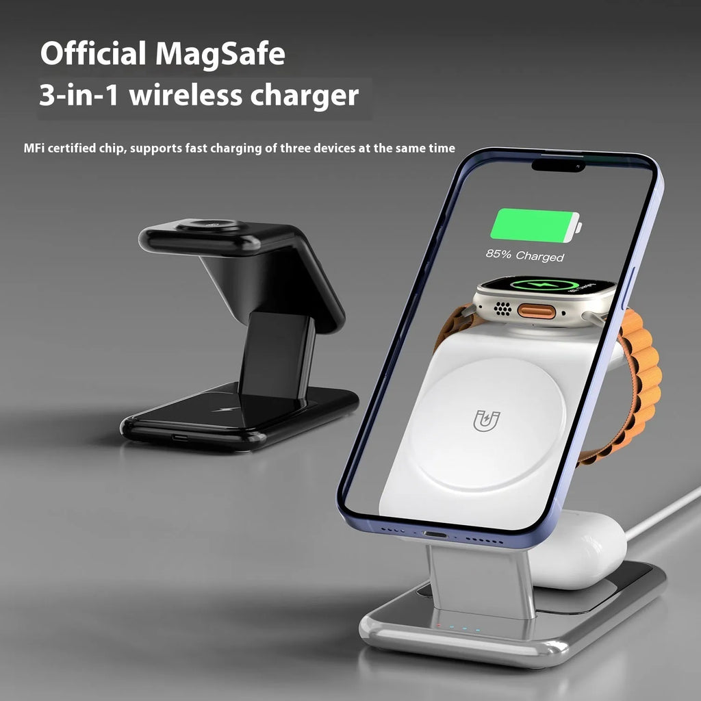 3-in-1 magnetic wireless charging bracket in ivory white showing phone, earphone, and watch charging positions