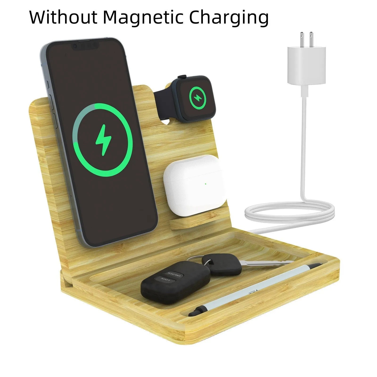 Bamboo 3-in-1 magnetic wireless charger storage bracket with phone, AirPods and Apple Watch on a desk with keys and coins in tray