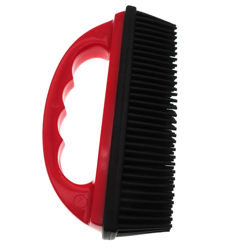 Red pet hair removal brush with rubber teeth and flexible silicone bristles measuring 160mm by 85mm